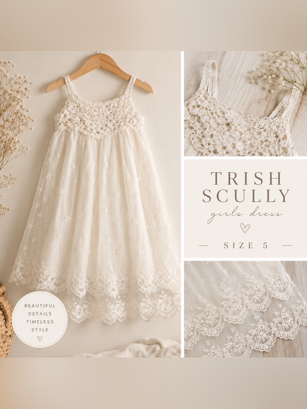 Trish Scully Girls Ivory Lace Dress Size 5 Boho Floral Embroidered Special Occa